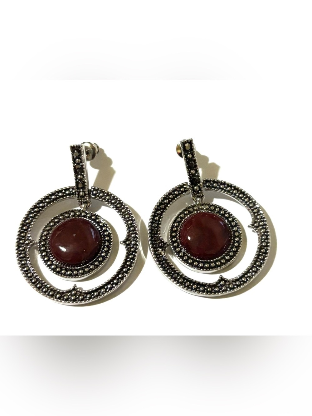 Vintage Silver Hoop Earrings with Deep Red Cabochons